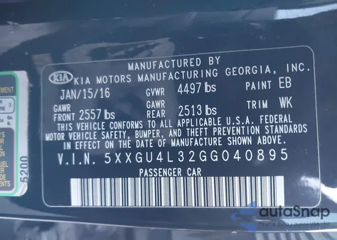 2016 Kia Optima Ex из США, поврежденный, VIN 5XXGU4L32GG040895